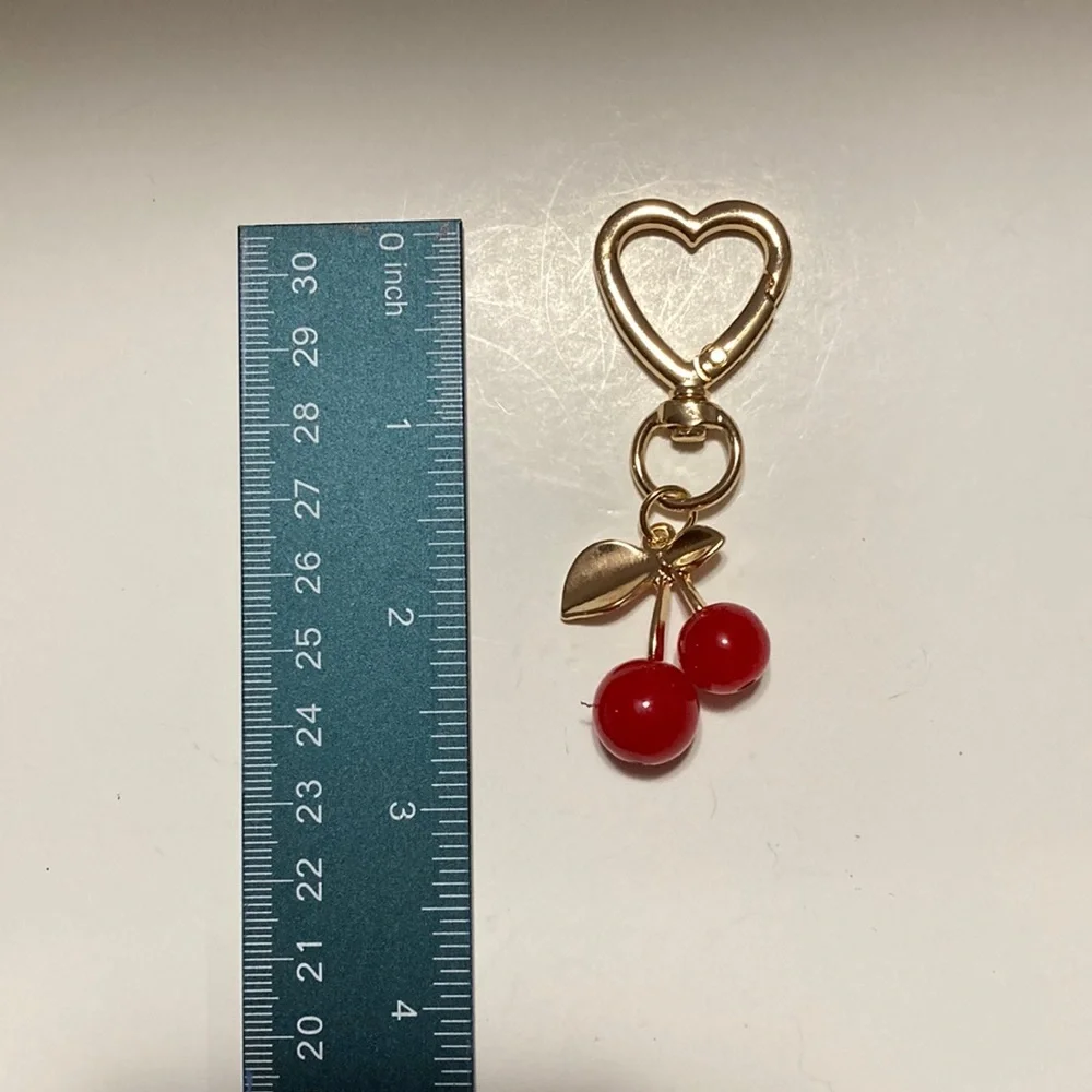 Gold-tone Red Cherry Keychain or Bag Charm on Swivel Heart Clip -New - Picture 3 of 4